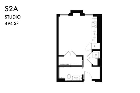 A floor plan of a studio apartment with a total area of 49 square feet.